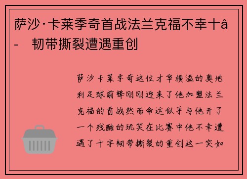 萨沙·卡莱季奇首战法兰克福不幸十字韧带撕裂遭遇重创 萨沙·卡莱季奇首战法兰克福不幸十字韧带撕裂遭遇重创
