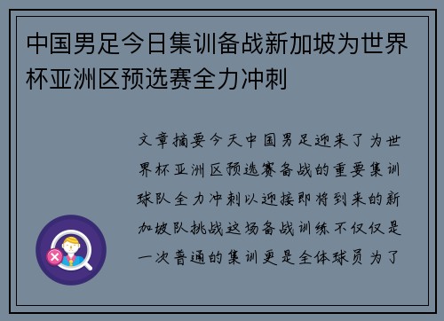 中国男足今日集训备战新加坡为世界杯亚洲区预选赛全力冲刺