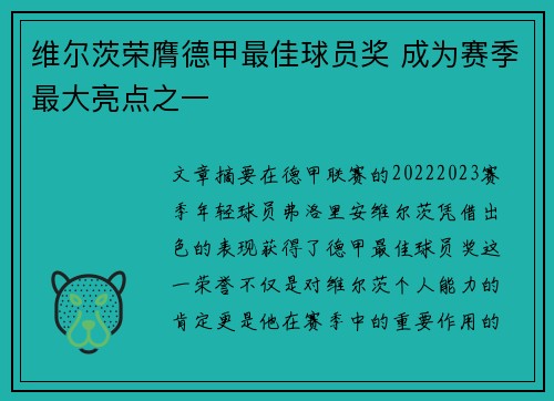 维尔茨荣膺德甲最佳球员奖 成为赛季最大亮点之一