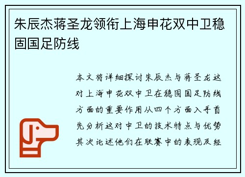朱辰杰蒋圣龙领衔上海申花双中卫稳固国足防线